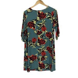 Bel Kazan Womens Grey Floral Shift Dress Size XL Short Sleeves Bohemian Mini